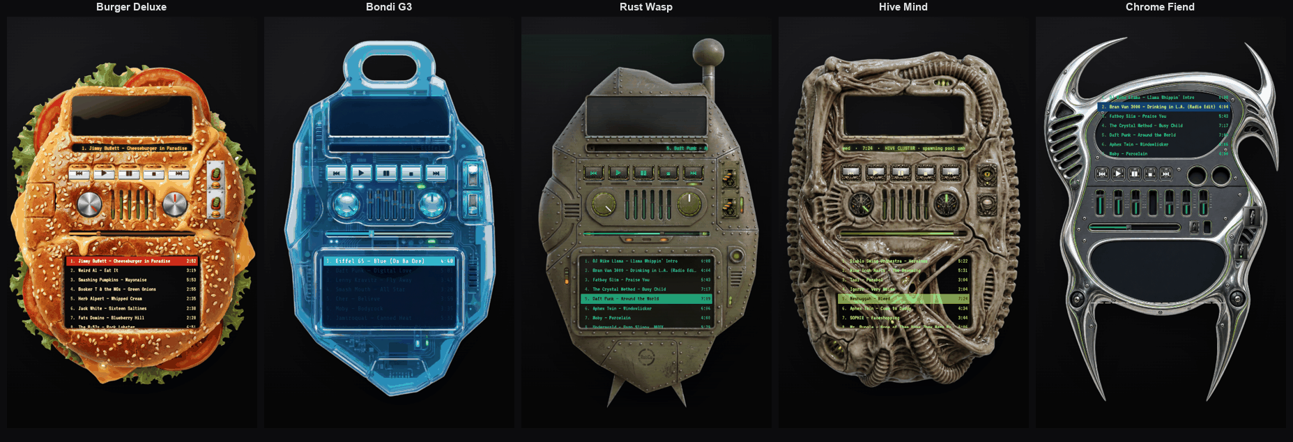 Five skeuo-ui skins side by side — Burger Deluxe, Bondi G3, Rust Wasp, Hive Mind, Chrome Fiend — each with the same player controls in a wildly different body