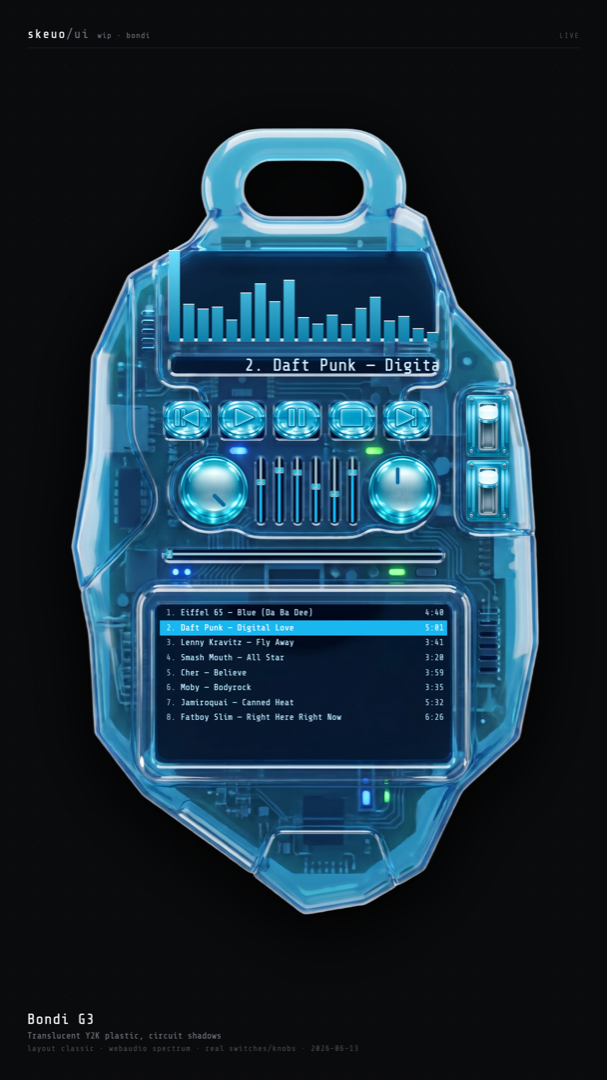 Bondi G3 skin — translucent blue plastic player with visible circuit board