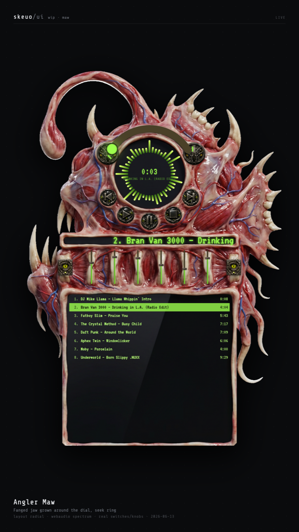 Angler Maw skin — a fanged anglerfish jaw clamped around a round dial, EQ faders below