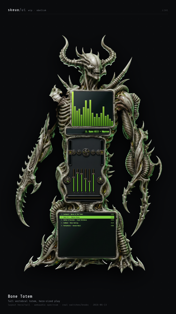 Bone Totem skin — a tall horned biomechanical totem, hero-sized play button