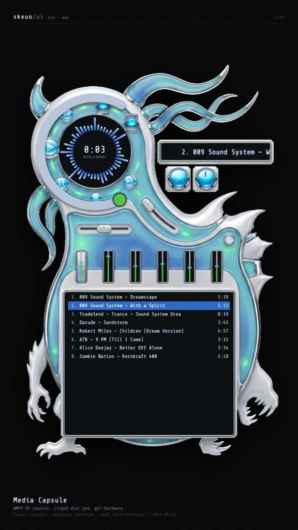 Media Capsule skin — a translucent WMP9-era circuit-board pod with chrome trim